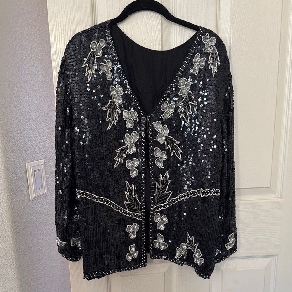 Black sequence jacket with silver sequence and pearl beading
